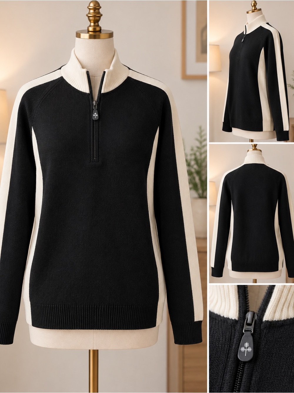 Meister Sport Knits Lucy black white wool blend quarter zip sweater size M NWT